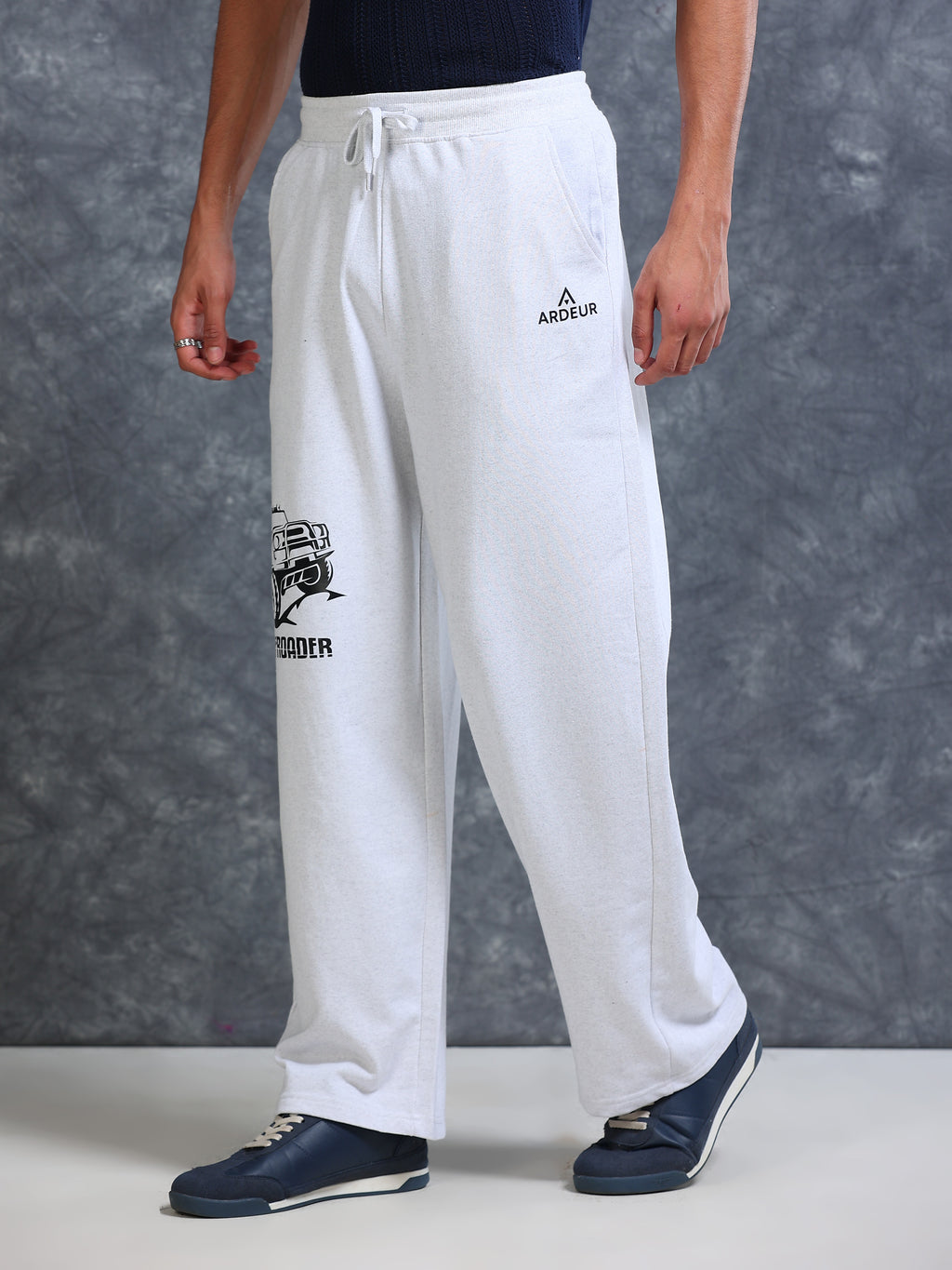 ARDEUR Men White Melange Cotton Blend Offroader Printed Baggy Fit Track Pants