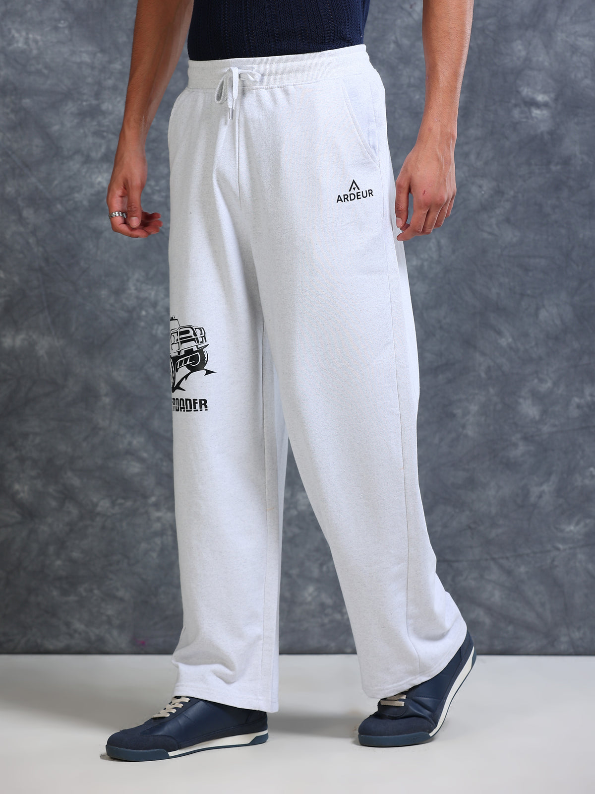 ARDEUR Men White Melange Cotton Blend Offroader Printed Baggy Fit Track Pants