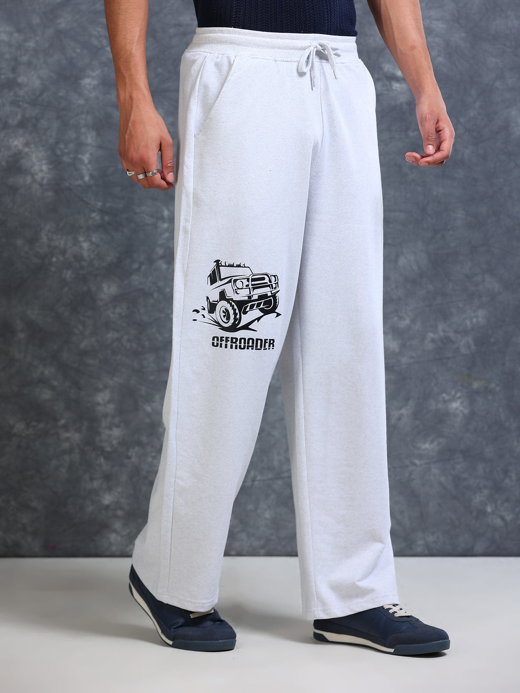 ARDEUR Men White Melange Cotton Blend Offroader Printed Baggy Fit Track Pants
