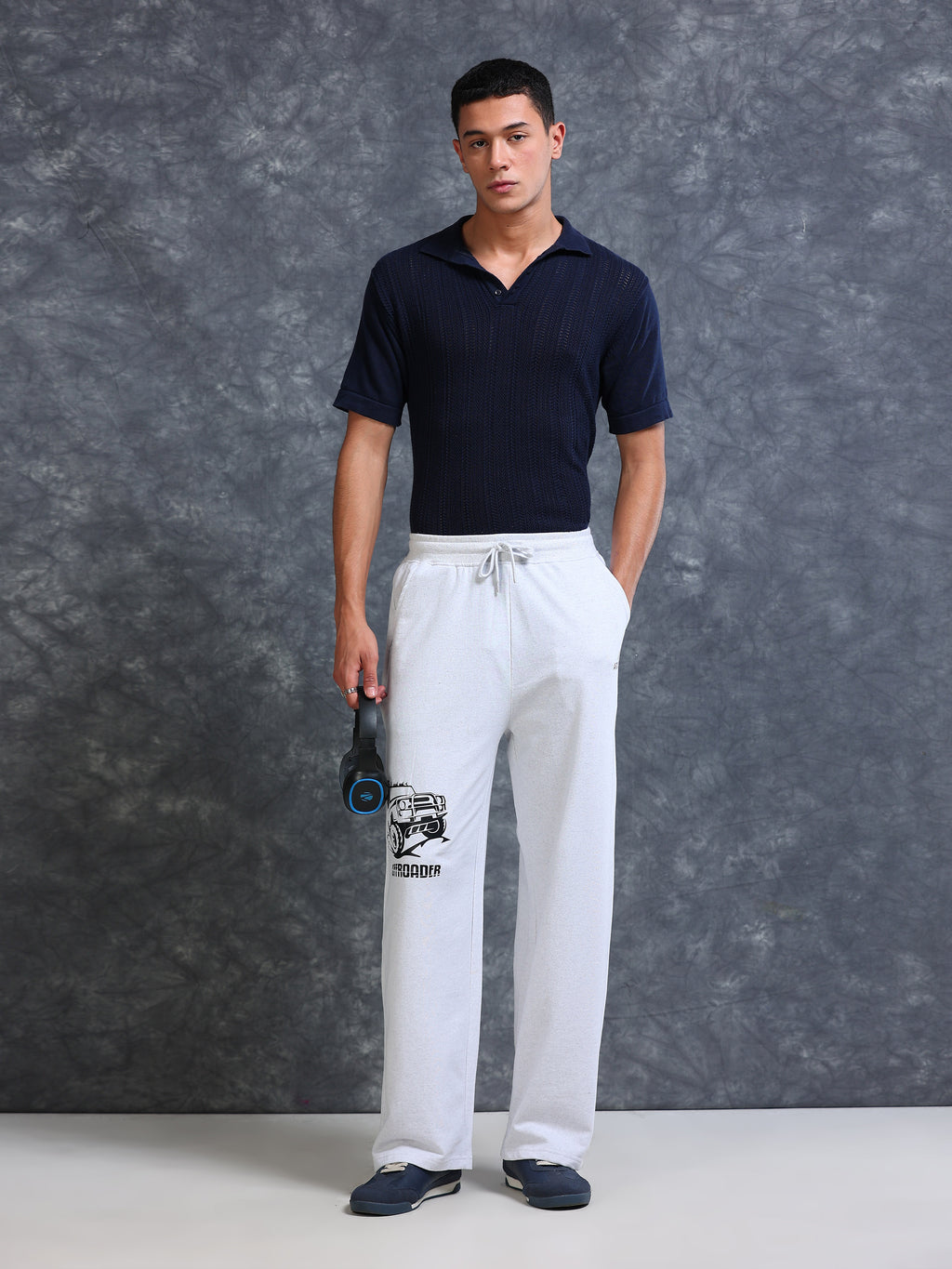 ARDEUR Men White Melange Cotton Blend Offroader Printed Baggy Fit Track Pants