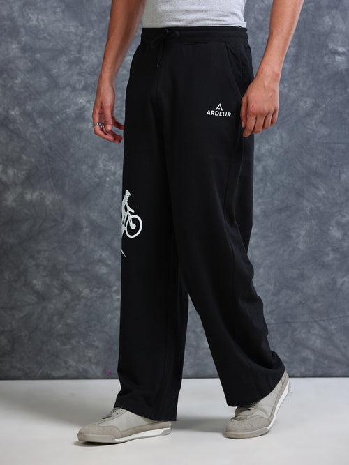 ARDEUR Men Black Cotton Blend Cyclist Printed Baggy Fit Track Pants