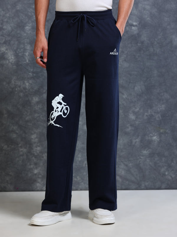 ARDEUR Men Navy Cotton Blend Cyclist Printed Baggy Fit Track Pants