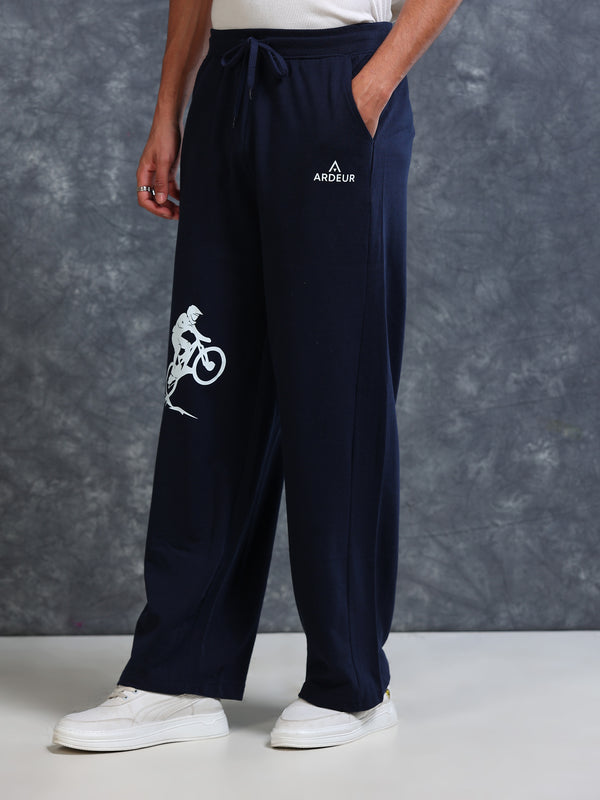 ARDEUR Men Navy Cotton Blend Cyclist Printed Baggy Fit Track Pants