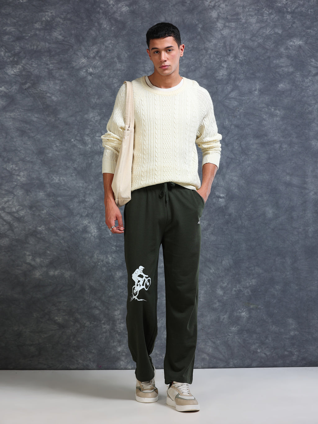 ARDEUR Men Olive Cotton Blend Cyclist Printed Baggy Fit Track Pants