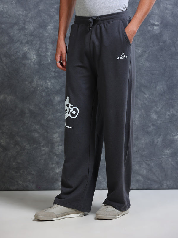 ARDEUR Men Steel Grey Cotton Blend Cyclist Printed Baggy Fit Track Pants