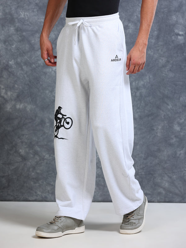 ARDEUR Men White Melange Cotton Blend Cyclist Printed Baggy Fit Track Pants