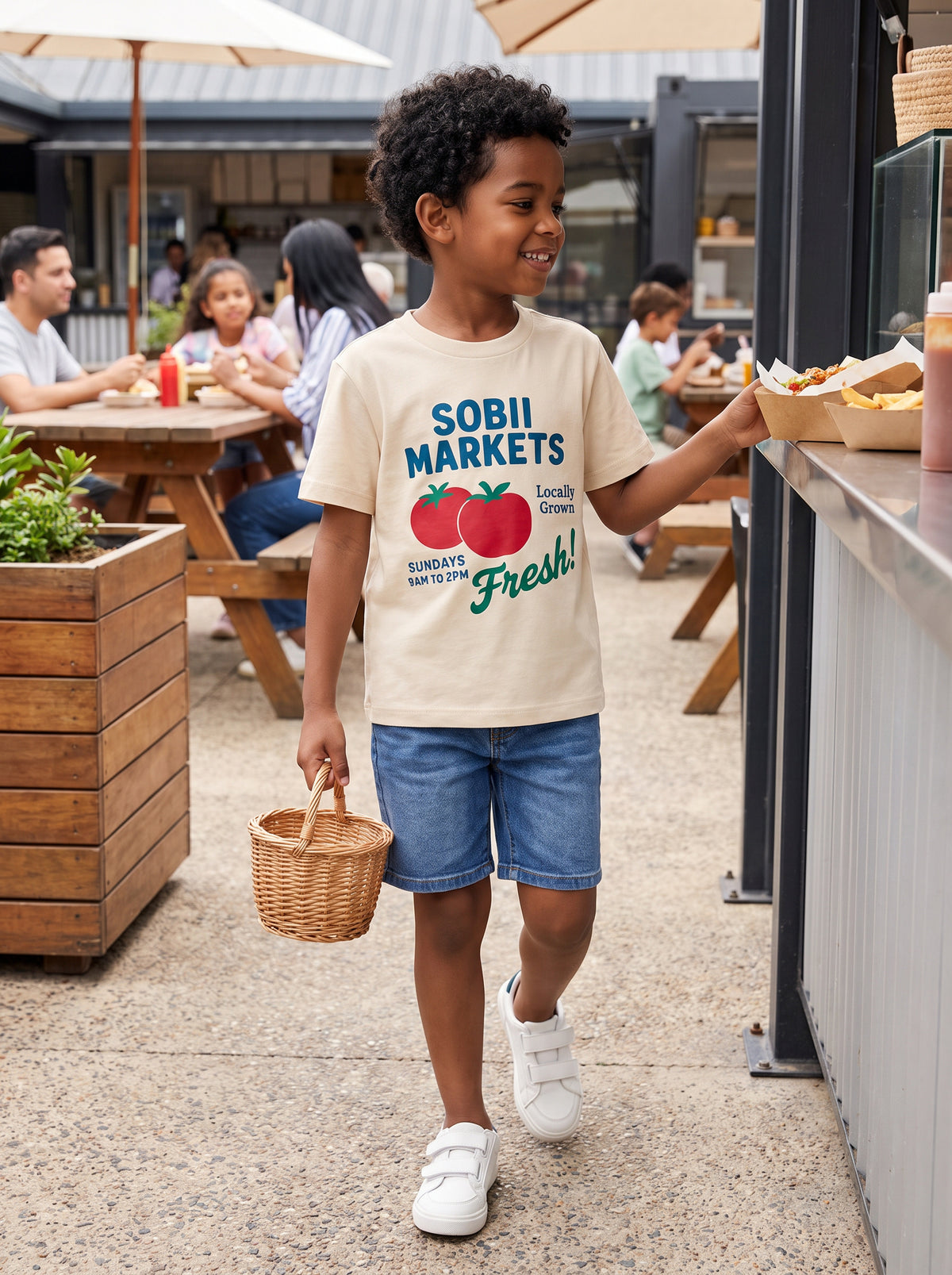 CODEZ Boys Beige Pure Cotton Sobii Markets Tomato Graphic Relaxed Fit T-Shirt