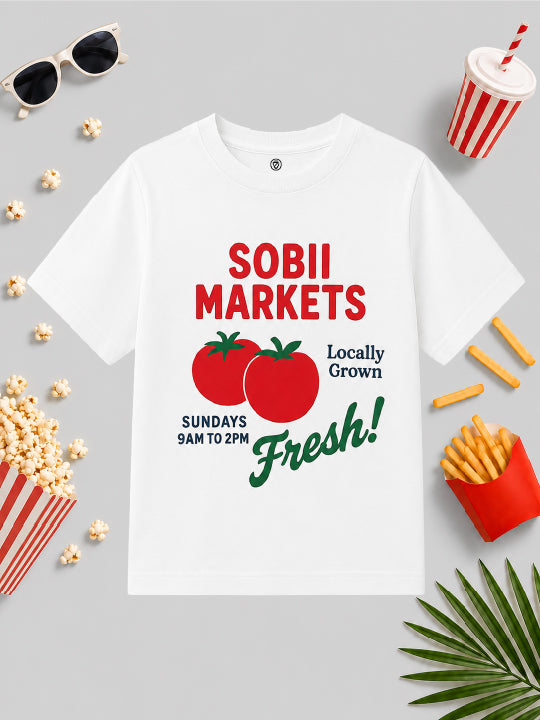 CODEZ Boys White Pure Cotton Sobii Markets Tomato Graphic Relaxed Fit T-Shirt