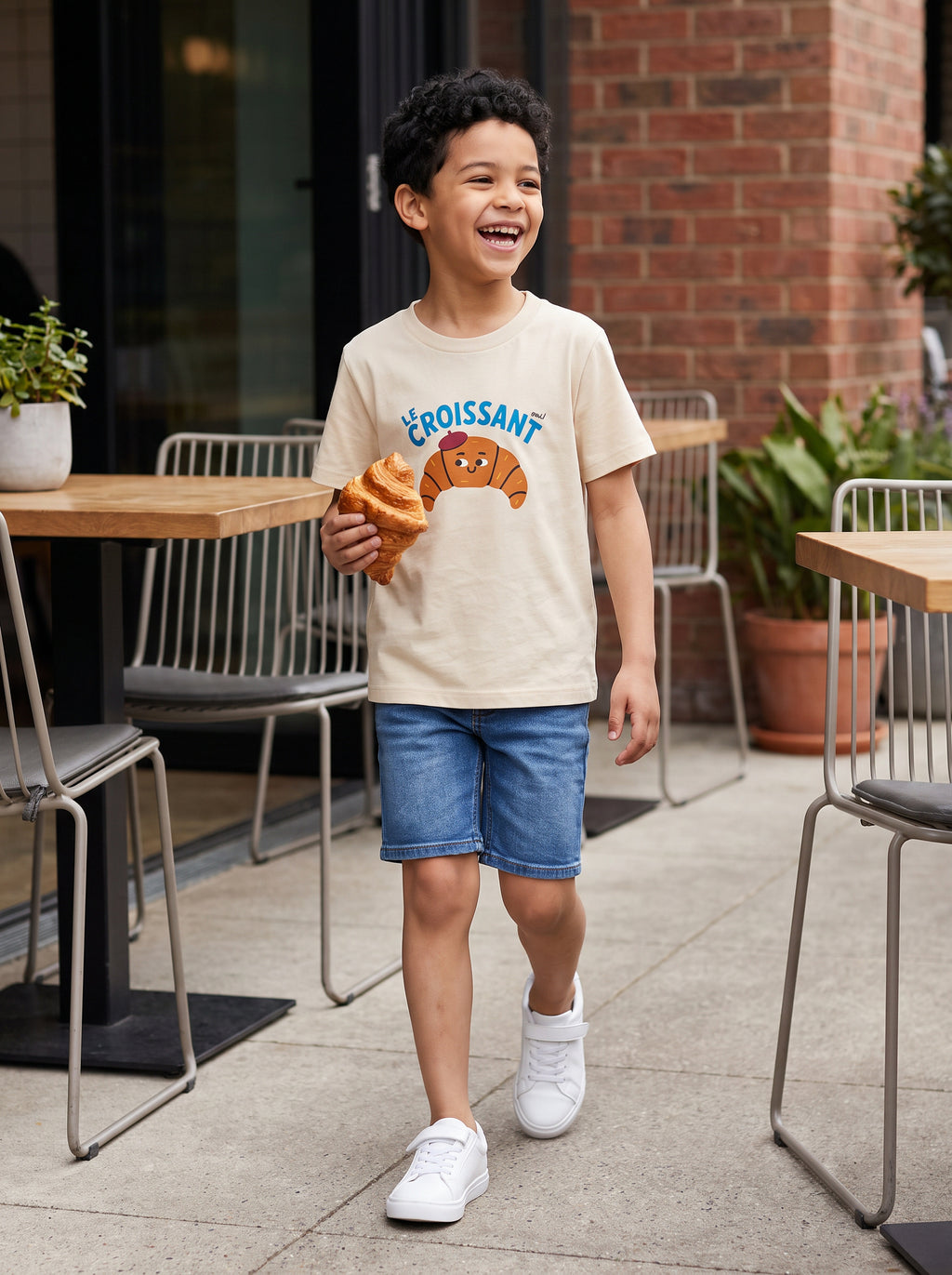 CODEZ Boys Beige Pure Cotton Le Croissant Graphic Relaxed Fit T-Shirt