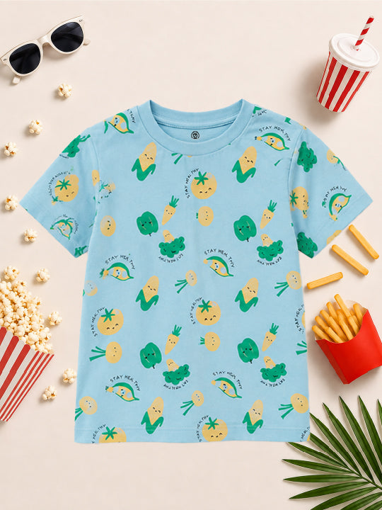 CODEZ Boys Cool Blue Pure Cotton Stay Healthy Vegetable Print Relaxed Fit T-Shirt
