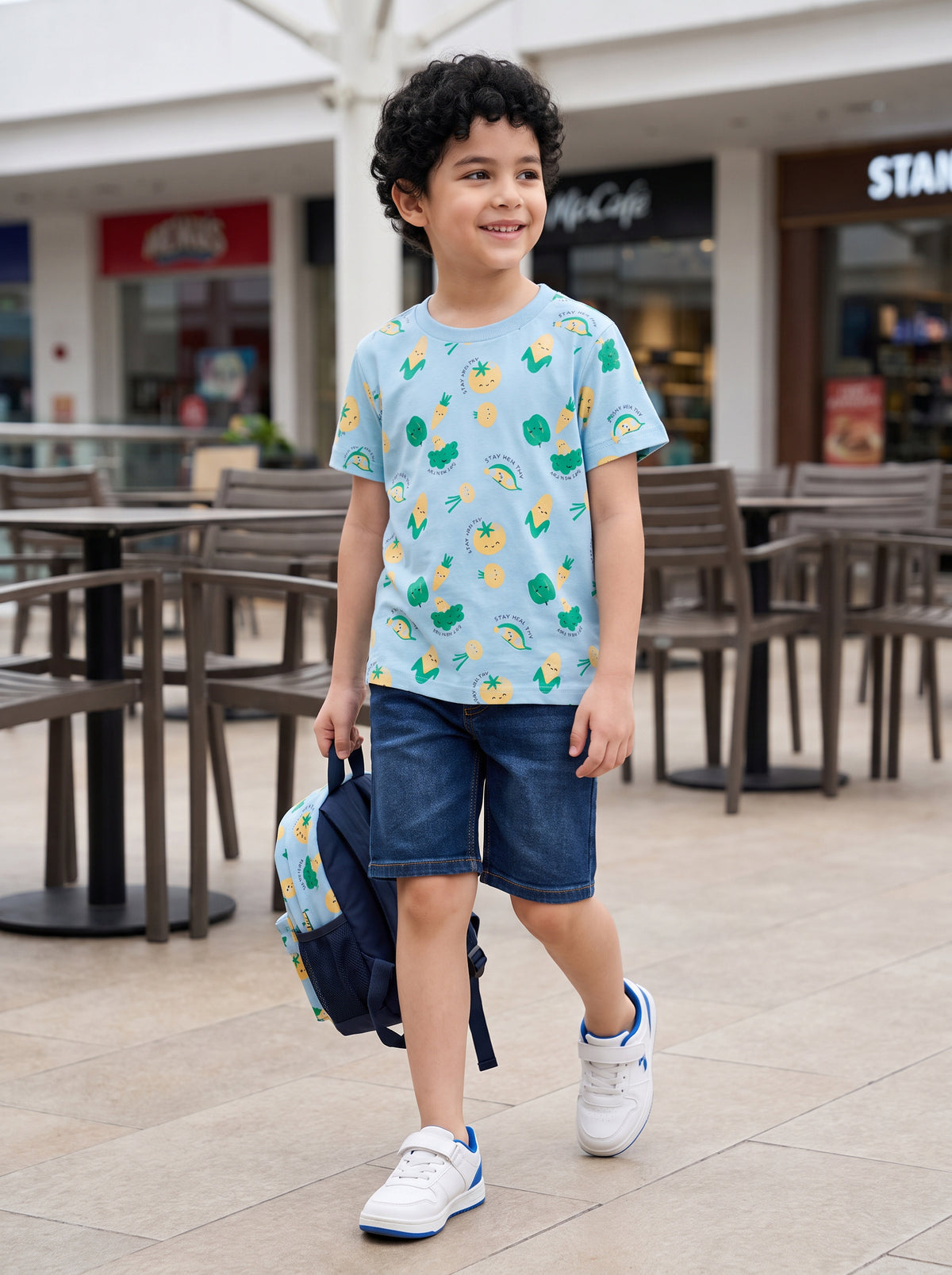 CODEZ Boys Cool Blue Pure Cotton Stay Healthy Vegetable Print Relaxed Fit T-Shirt
