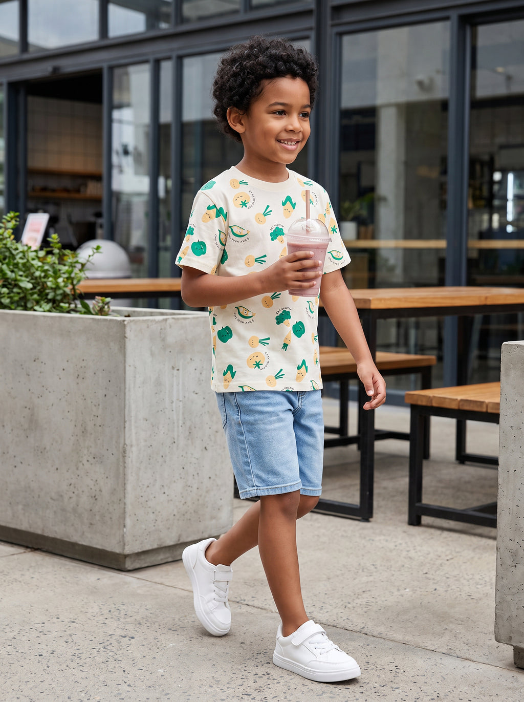 CODEZ Boys White Jade Pure Cotton Stay Healthy Vegetable Print Relaxed Fit T-Shirt