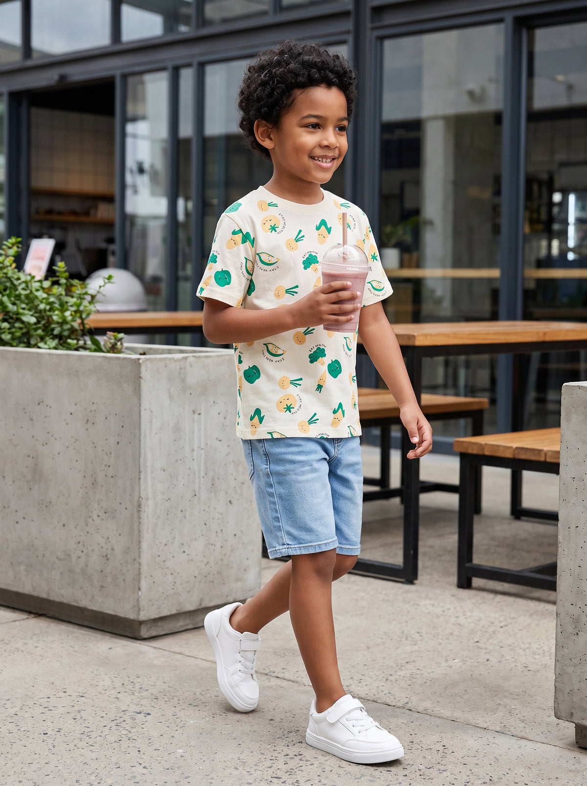 CODEZ Boys White Jade Pure Cotton Stay Healthy Vegetable Print Relaxed Fit T-Shirt