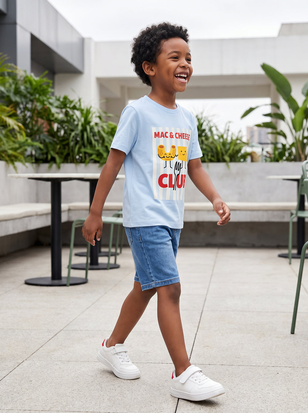 CODEZ Boys Cool Blue Pure Cotton Mac & Cheese Club Graphic Relaxed Fit T-Shirt