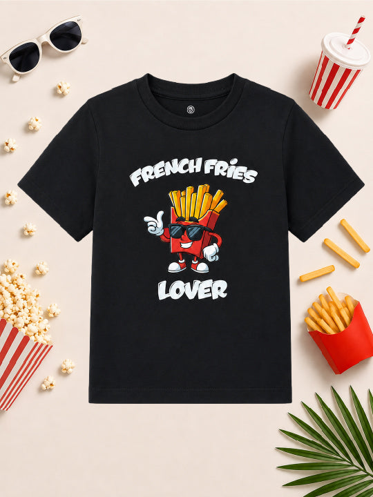CODEZ Boys Black Pure Cotton French Fries Lover Graphic Relaxed Fit T-Shirt