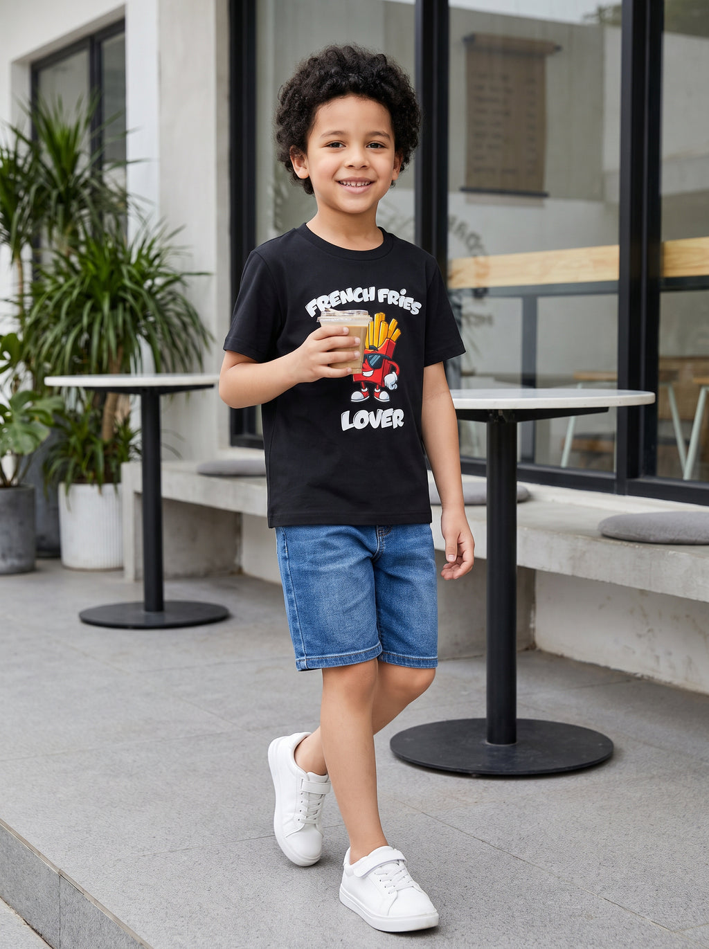 CODEZ Boys Black Pure Cotton French Fries Lover Graphic Relaxed Fit T-Shirt