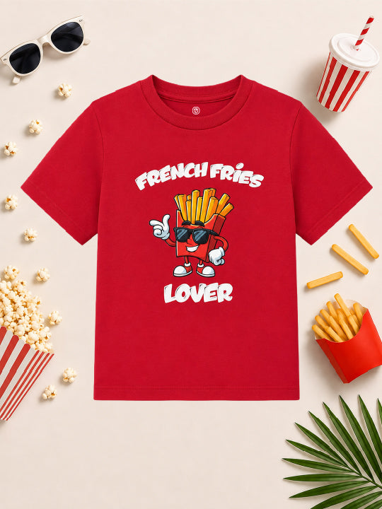 CODEZ Boys Red Pure Cotton French Fries Lover Graphic Relaxed Fit T-Shirt