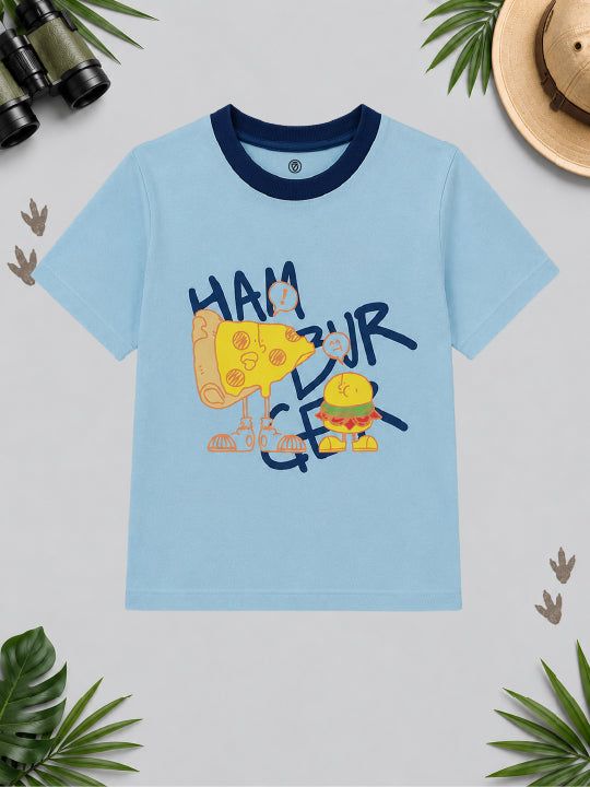 CODEZ Boys Cool Blue Pure Cotton Hamburger & Pizza Graphic Relaxed Fit T-Shirt