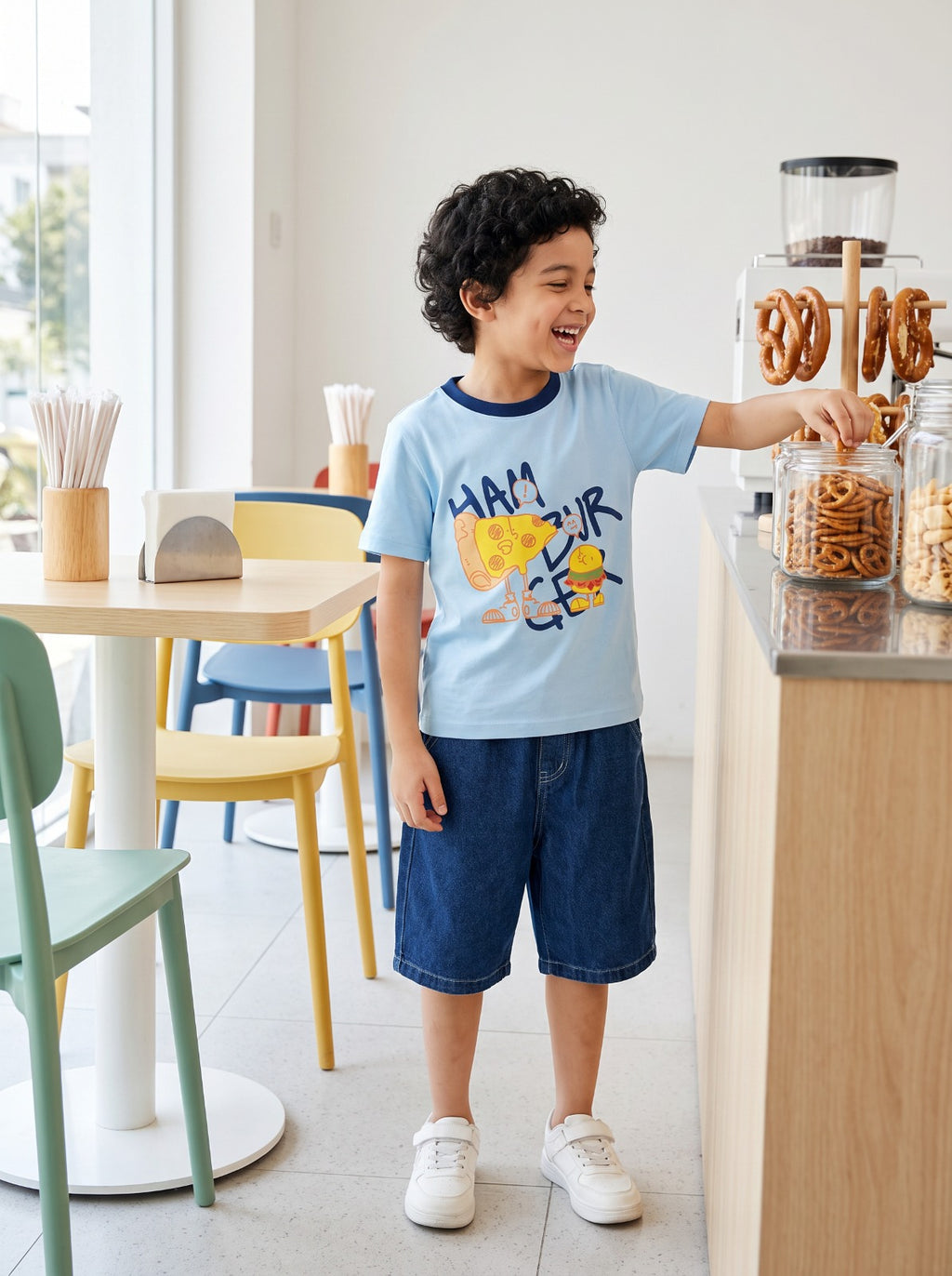 CODEZ Boys Cool Blue Pure Cotton Hamburger & Pizza Graphic Relaxed Fit T-Shirt