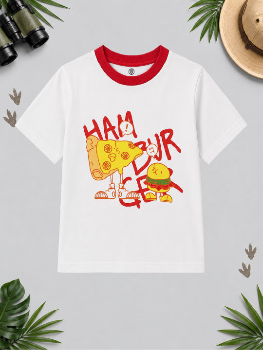CODEZ Boys White Pure Cotton Hamburger & Pizza Graphic Relaxed Fit T-Shirt