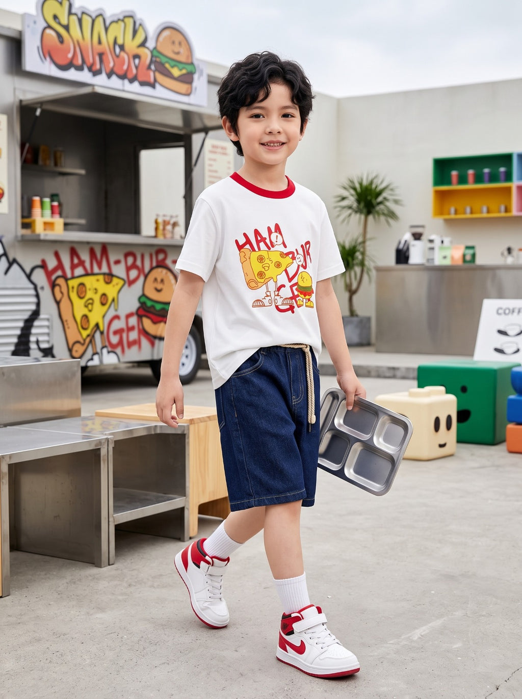 CODEZ Boys White Pure Cotton Hamburger & Pizza Graphic Relaxed Fit T-Shirt