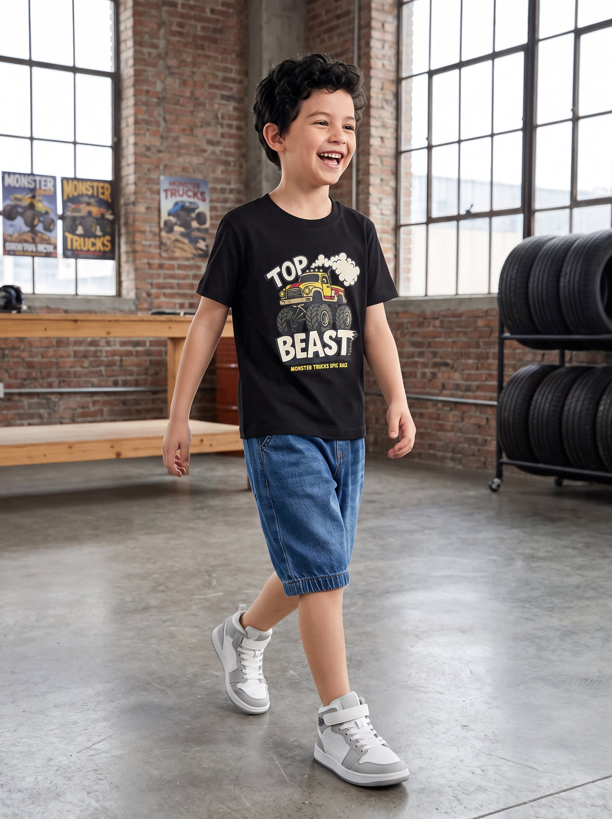 CODEZ Boys Black Pure Cotton Top Beast Monster Truck Graphic Relaxed Fit T-Shirt