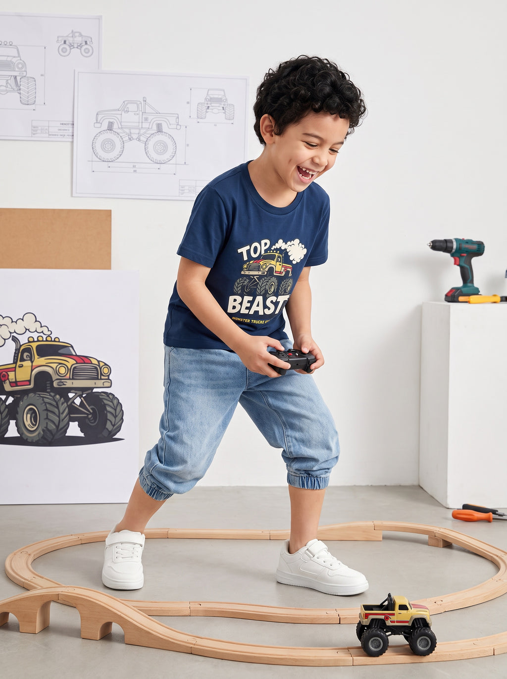 CODEZ Boys Estate Blue Pure Cotton Top Beast Monster Truck Graphic Relaxed Fit T-Shirt