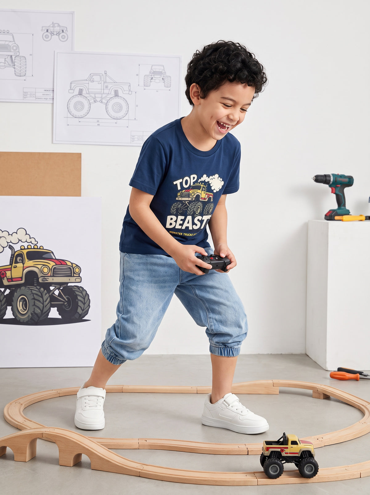 CODEZ Boys Estate Blue Pure Cotton Top Beast Monster Truck Graphic Relaxed Fit T-Shirt