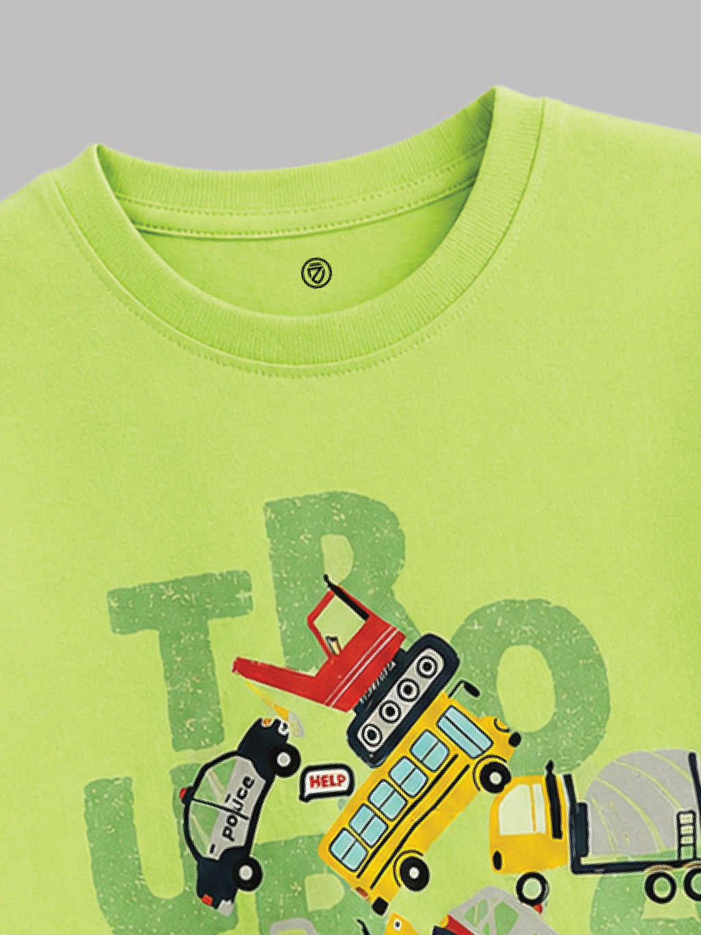 CODEZ Boys Green Glow Pure Cotton Trouble Vehicles Graphic Relaxed Fit T-Shirt