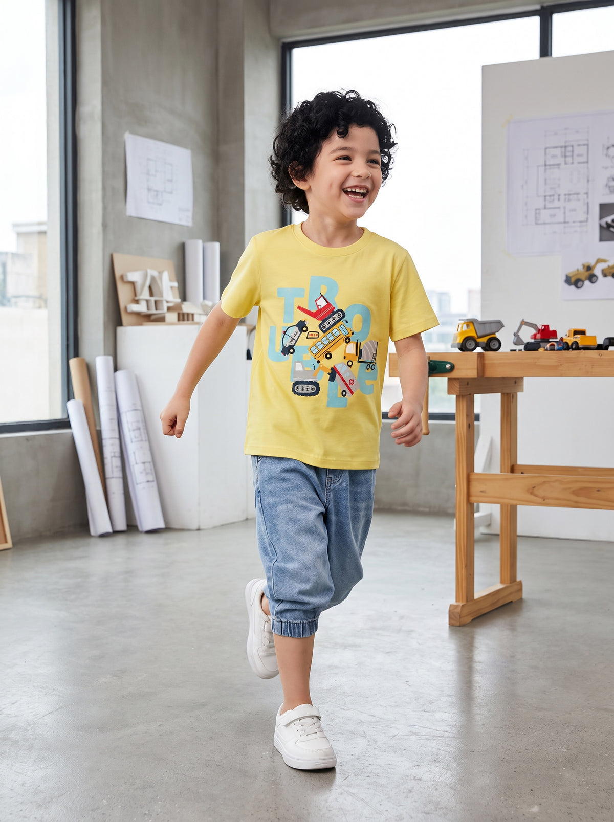 CODEZ Boys Lemon Drop Pure Cotton Trouble Vehicles Graphic Relaxed Fit T-Shirt