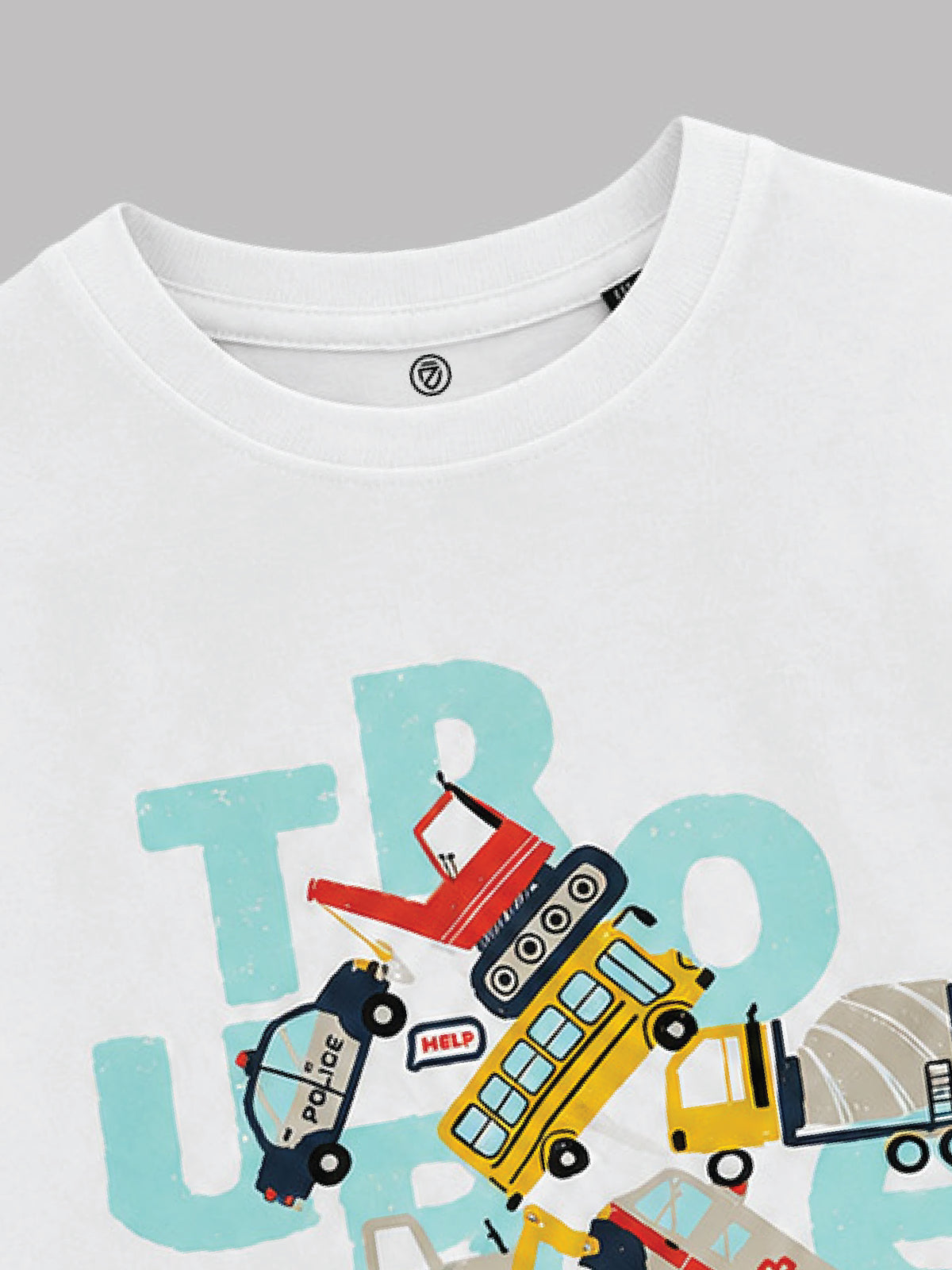 CODEZ Boys White Pure Cotton Trouble Vehicles Graphic Relaxed Fit T-Shirt