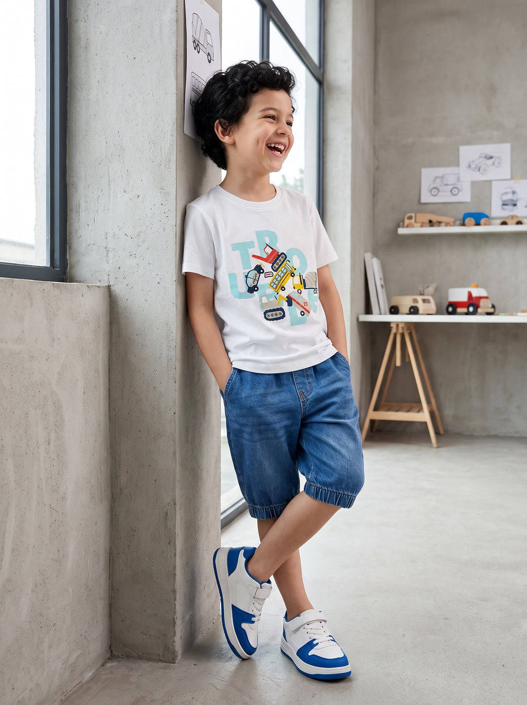 CODEZ Boys White Pure Cotton Trouble Vehicles Graphic Relaxed Fit T-Shirt