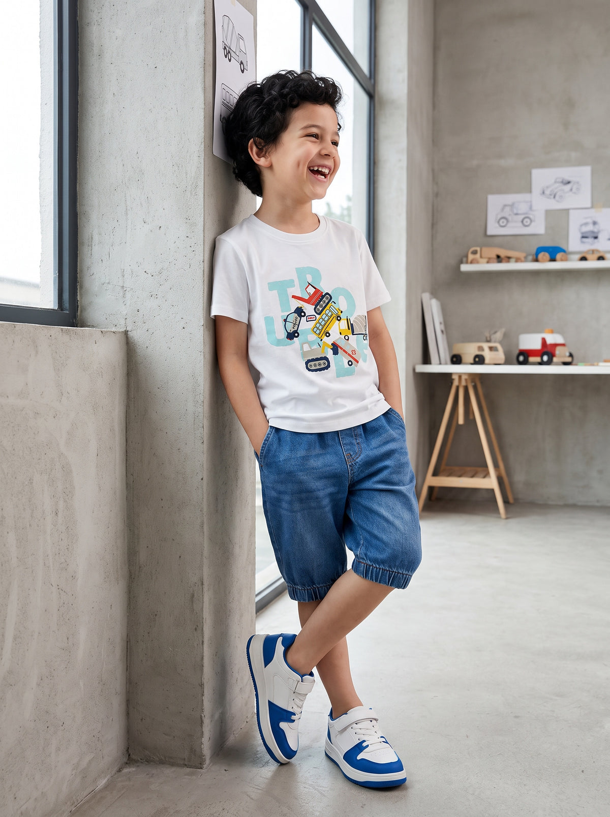 CODEZ Boys White Pure Cotton Trouble Vehicles Graphic Relaxed Fit T-Shirt