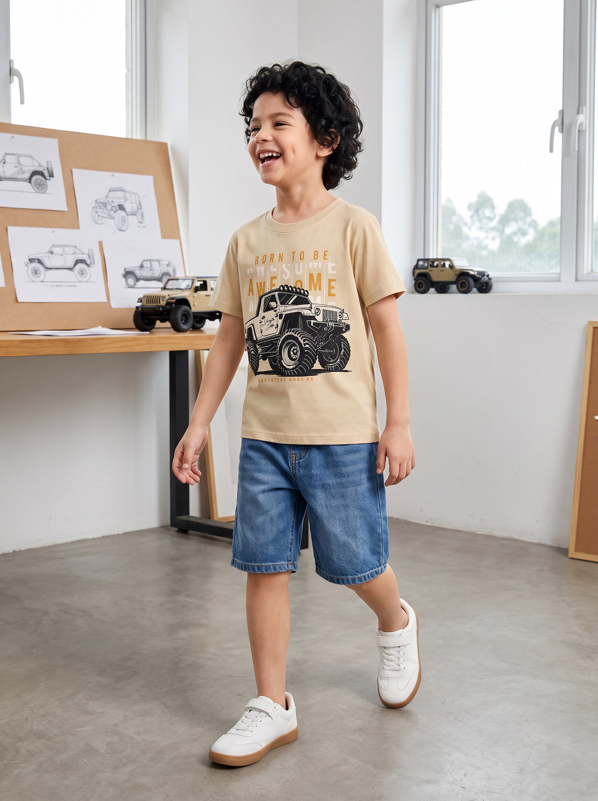 CODEZ Boys Beige Pure Cotton Born To Be Awesome Graphic Relaxed Fit T-Shirt