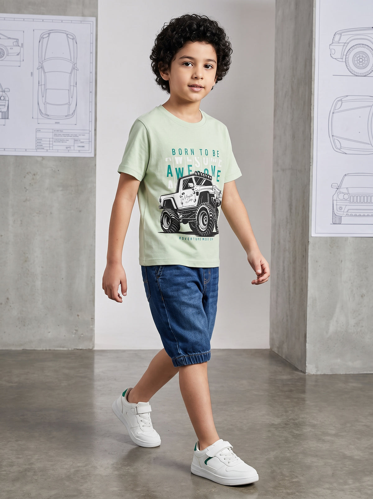 CODEZ Boys Fog Green Pure Cotton Born To Be Awesome Graphic Relaxed Fit T-Shirt