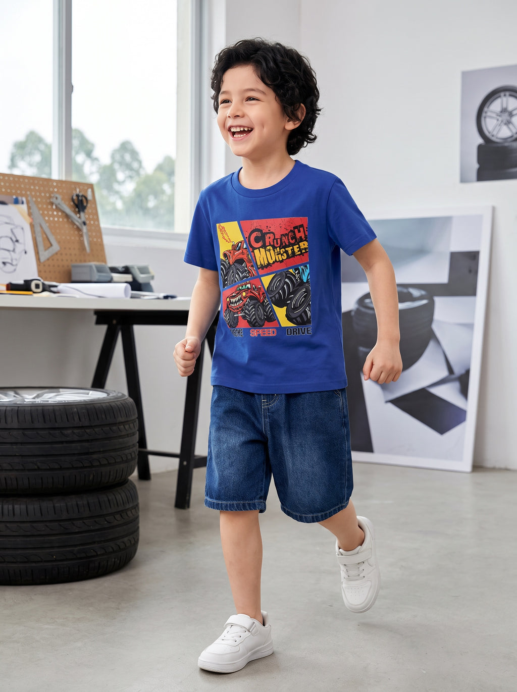 CODEZ Boys Blue Pure Cotton Crunch Monster Graphic Relaxed Fit T-Shirt