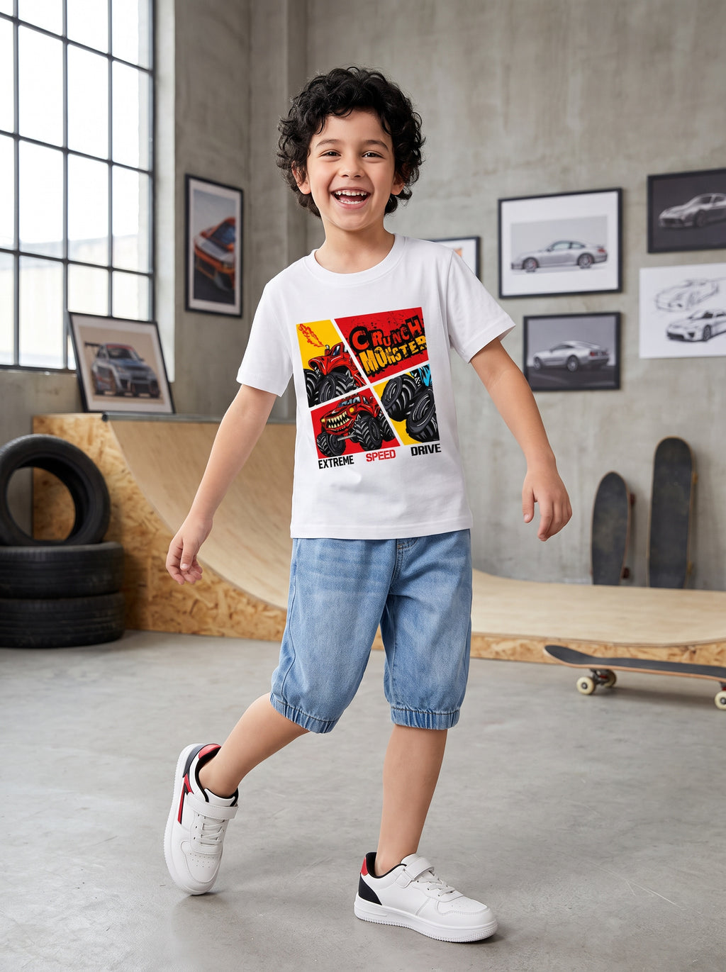 CODEZ Boys White Pure Cotton Crunch Monster Graphic Relaxed Fit T-Shirt