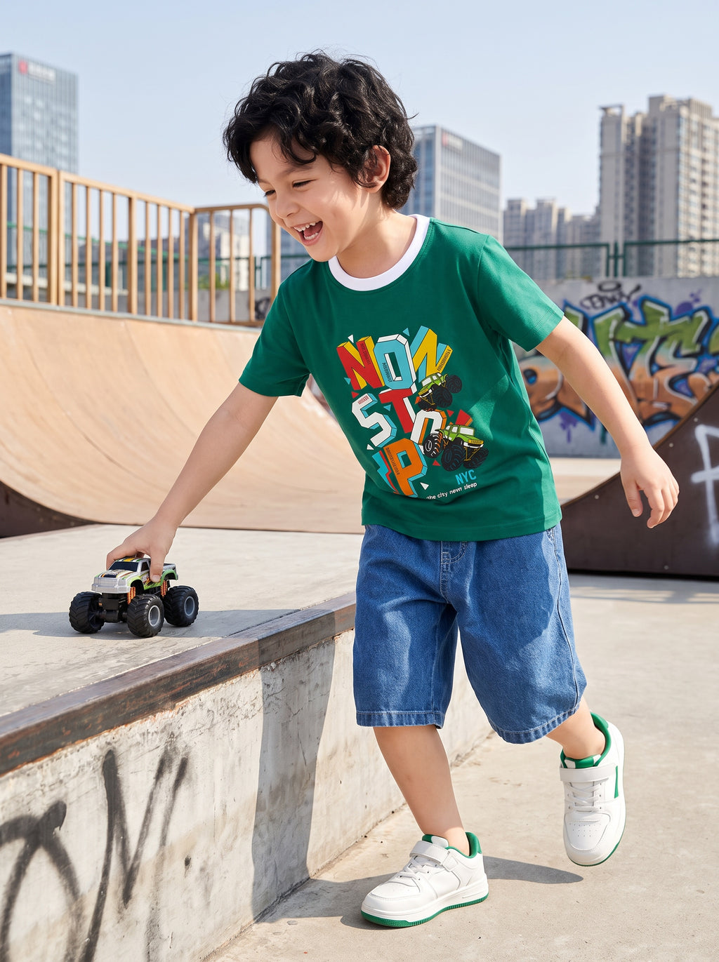 CODEZ Boys Alpine Green Pure Cotton Non Stop NYC Graphic Relaxed Fit T-Shirt