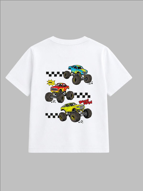 CODEZ Boys White Pure Cotton Extreme Sports Monster Truck Graphic Relaxed Fit T-Shirt