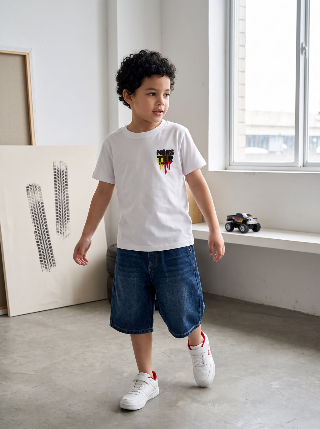 CODEZ Boys White Pure Cotton Extreme Sports Monster Truck Graphic Relaxed Fit T-Shirt