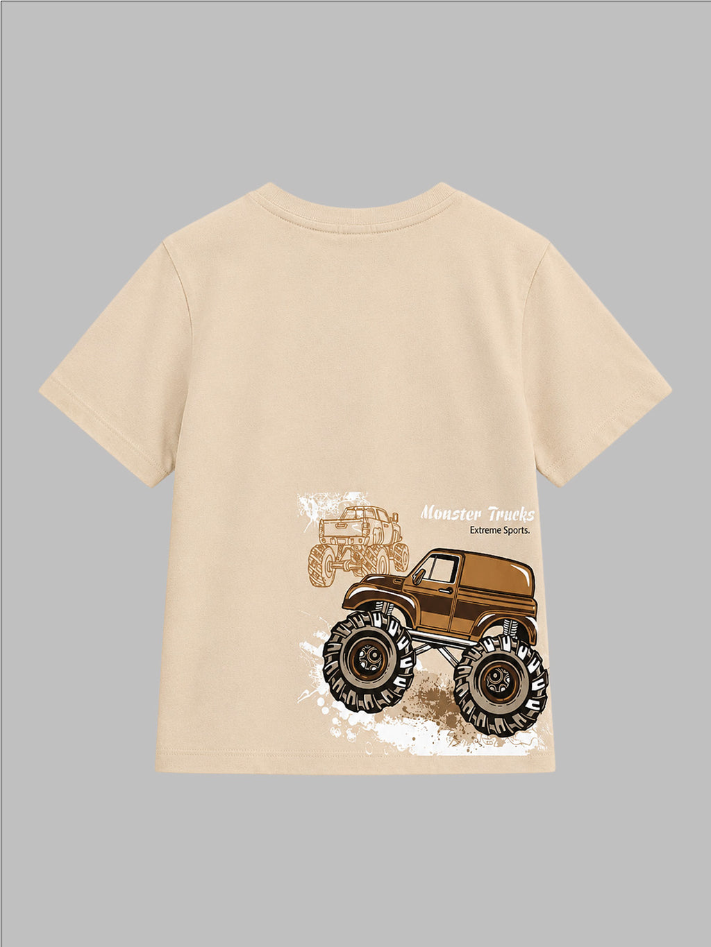CODEZ Boys Beige Pure Cotton Extreme Sports Monster Truck Graphic Relaxed Fit T-Shirt