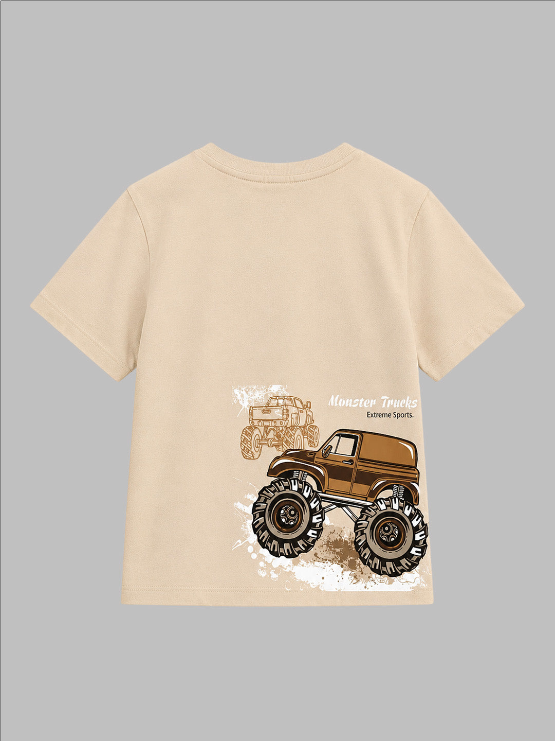 CODEZ Boys Beige Pure Cotton Extreme Sports Monster Truck Graphic Relaxed Fit T-Shirt