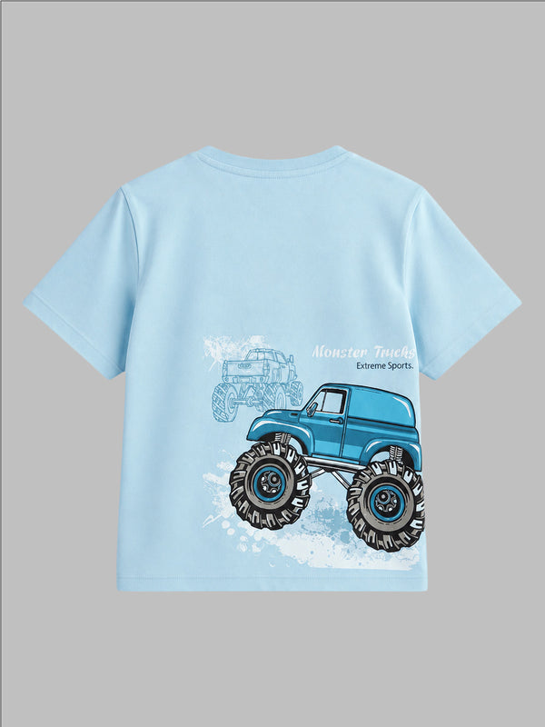 CODEZ Boys Powder Blue Pure Cotton Extreme Sports Monster Truck Graphic Relaxed Fit T-Shirt