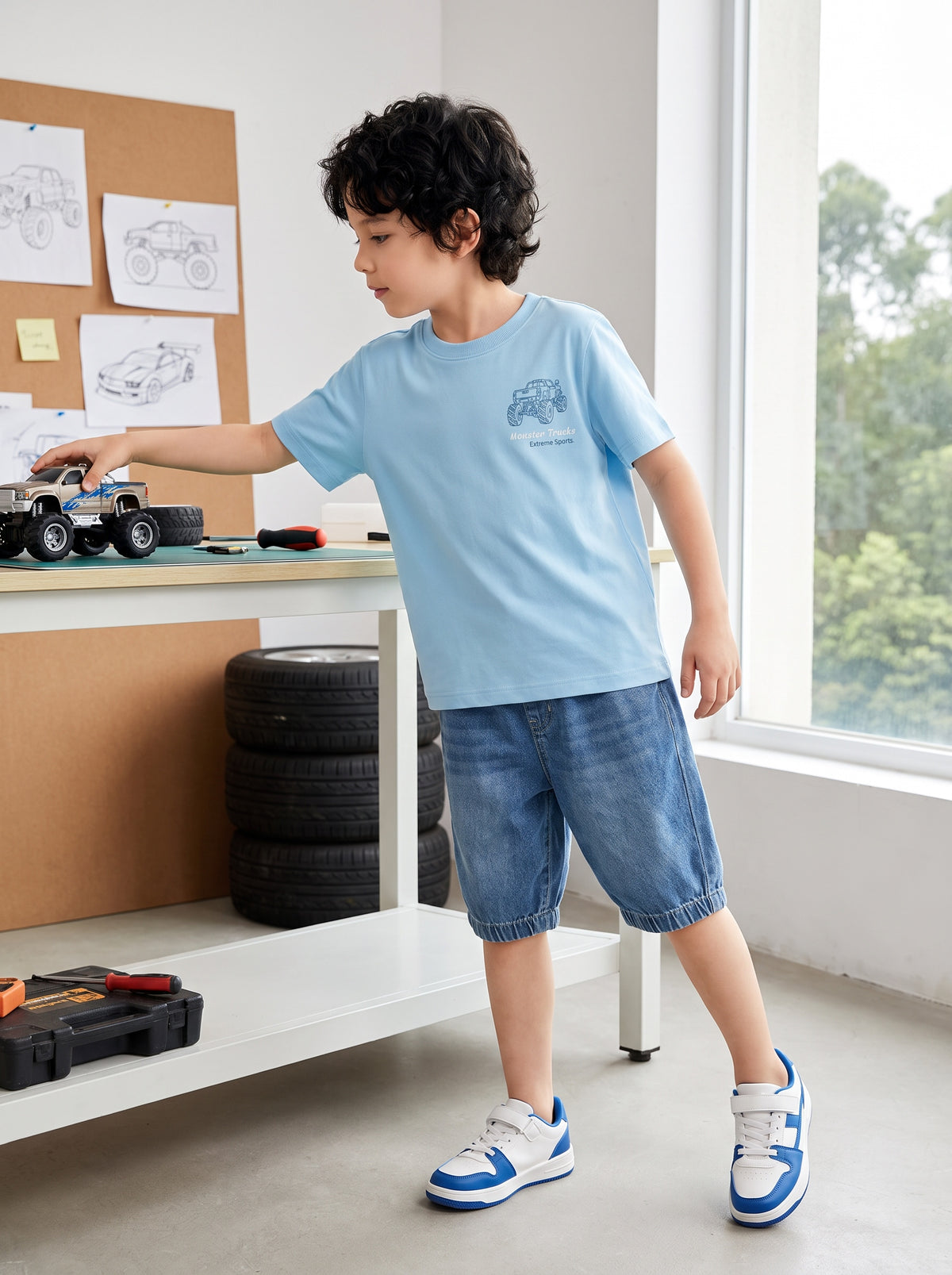 CODEZ Boys Powder Blue Pure Cotton Extreme Sports Monster Truck Graphic Relaxed Fit T-Shirt