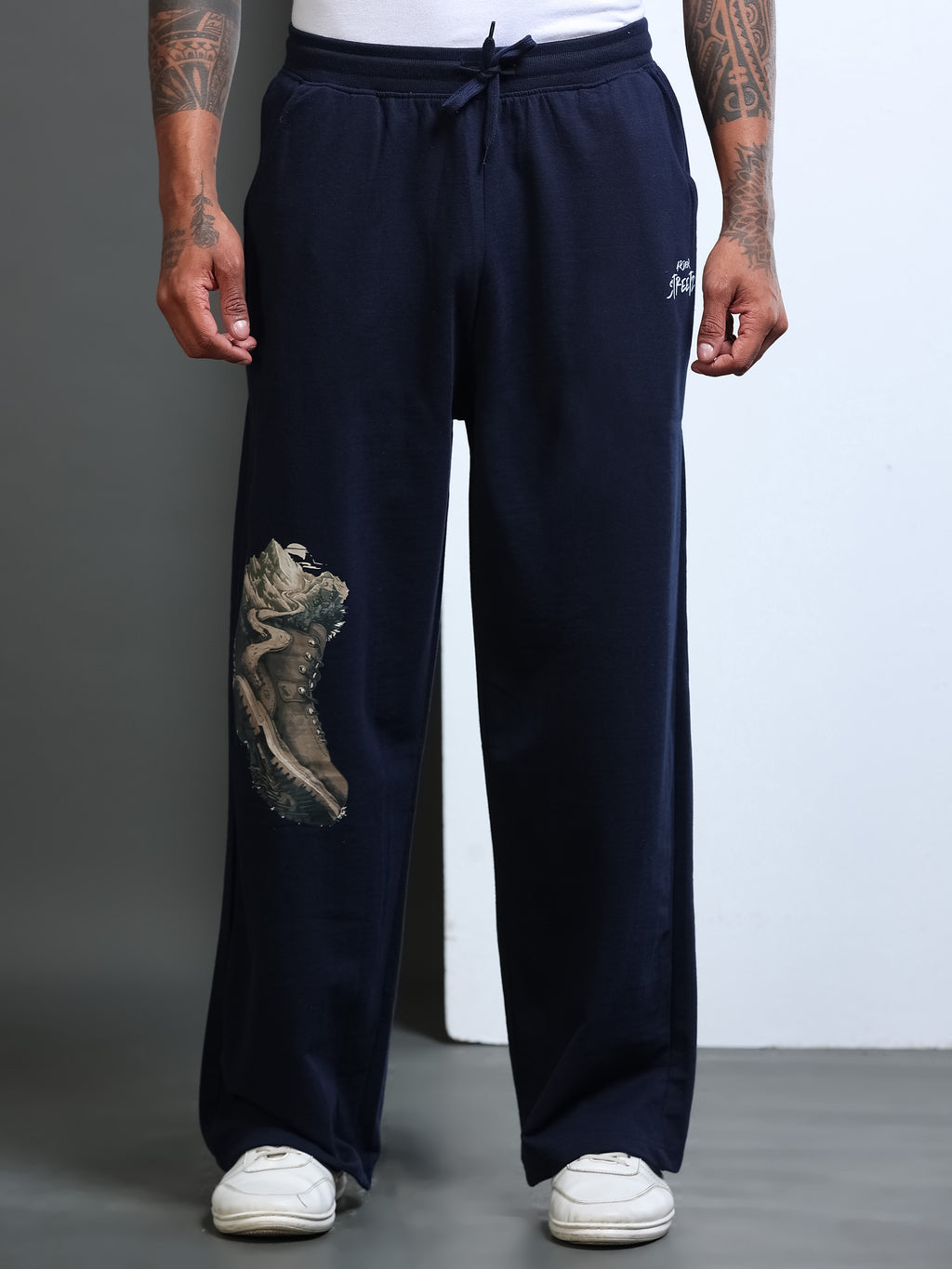ARDEUR STREETZ Men Navy Cotton Blend Mountain Trail Graphic Baggy Fit Track Pants