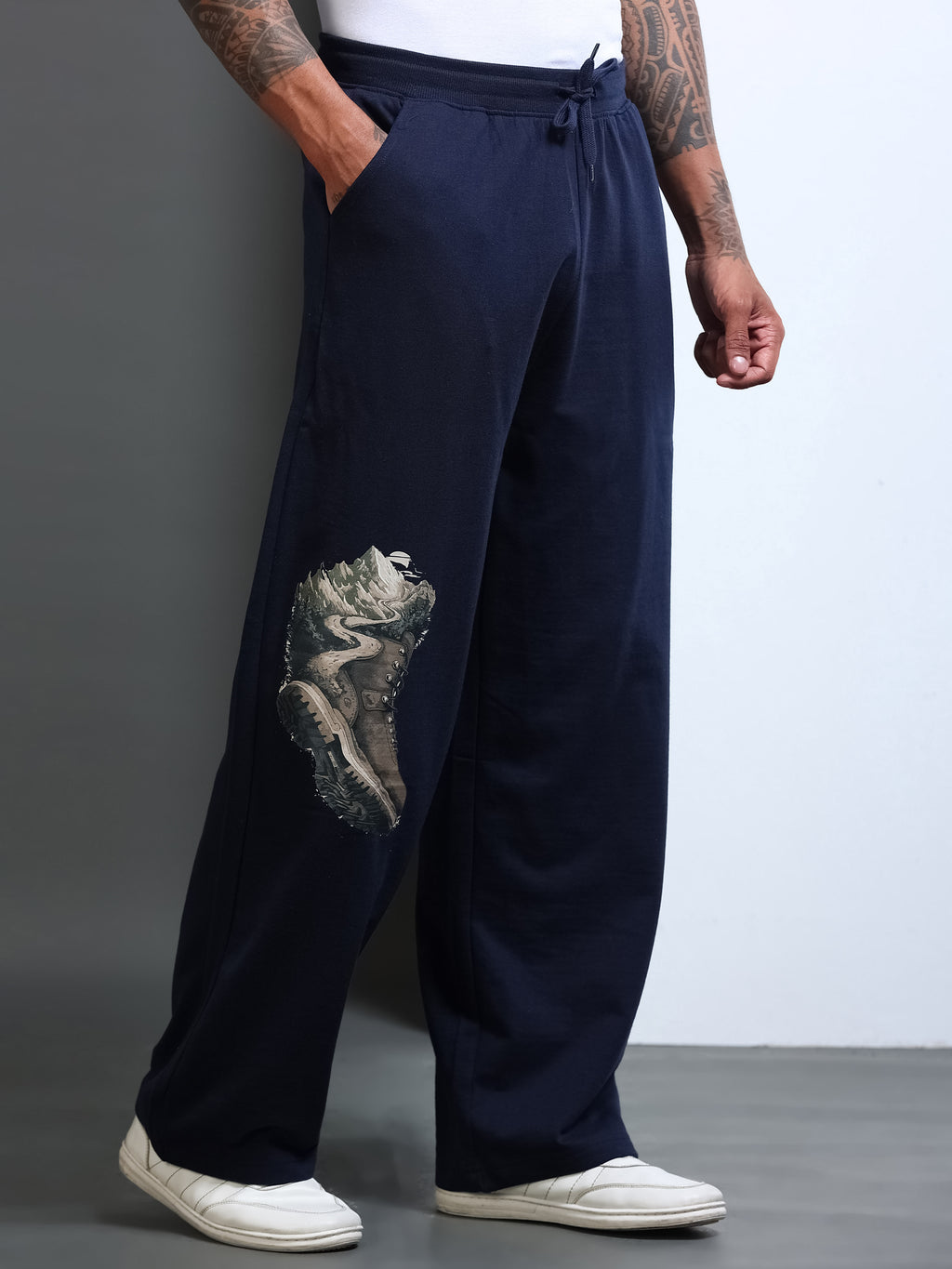 ARDEUR STREETZ Men Navy Cotton Blend Mountain Trail Graphic Baggy Fit Track Pants