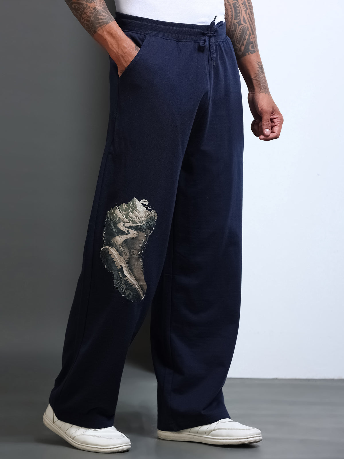 ARDEUR STREETZ Men Navy Cotton Blend Mountain Trail Graphic Baggy Fit Track Pants