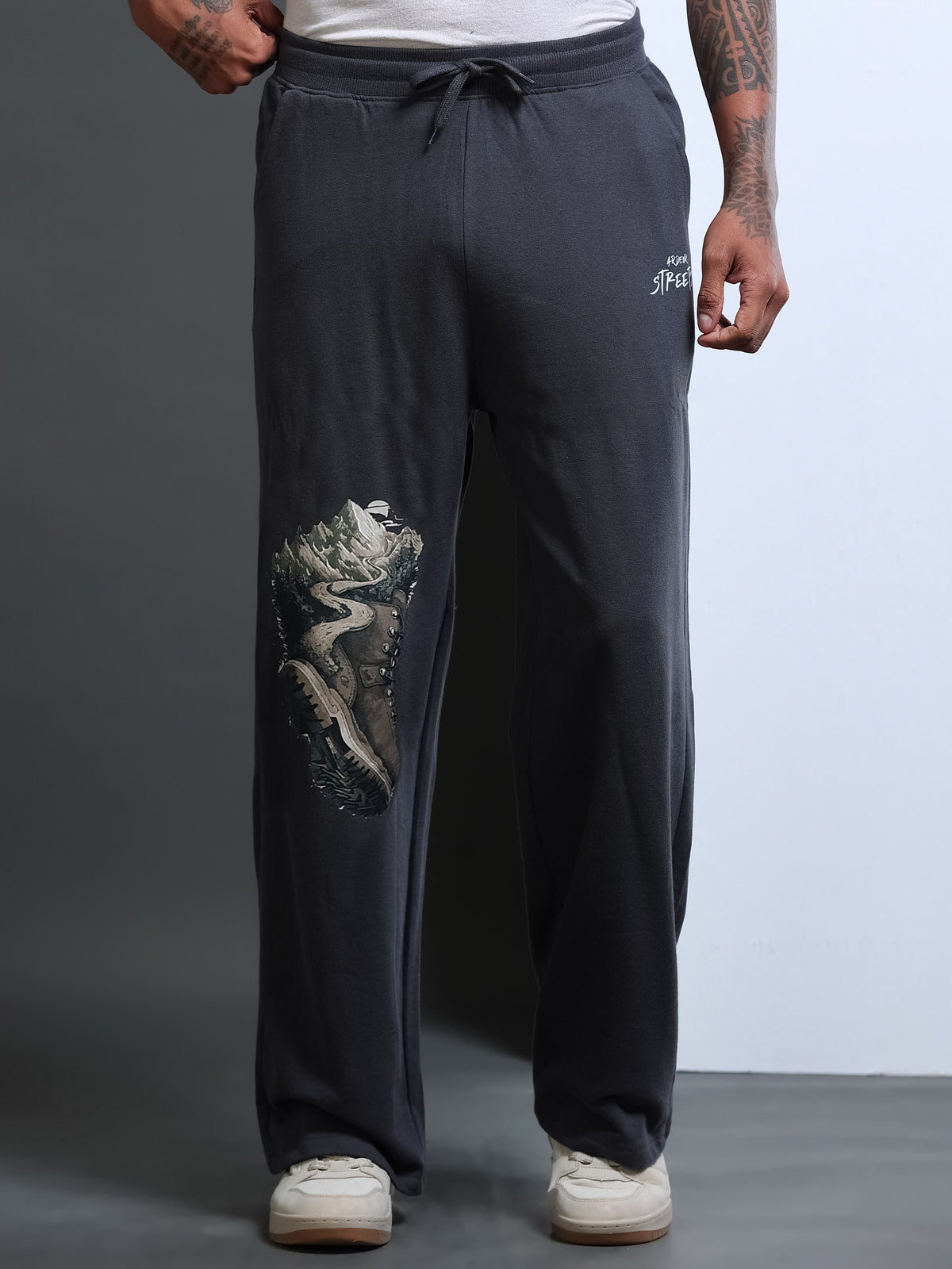 ARDEUR STREETZ Men Steel Grey Cotton Blend Mountain Trail Graphic Baggy Fit Track Pants