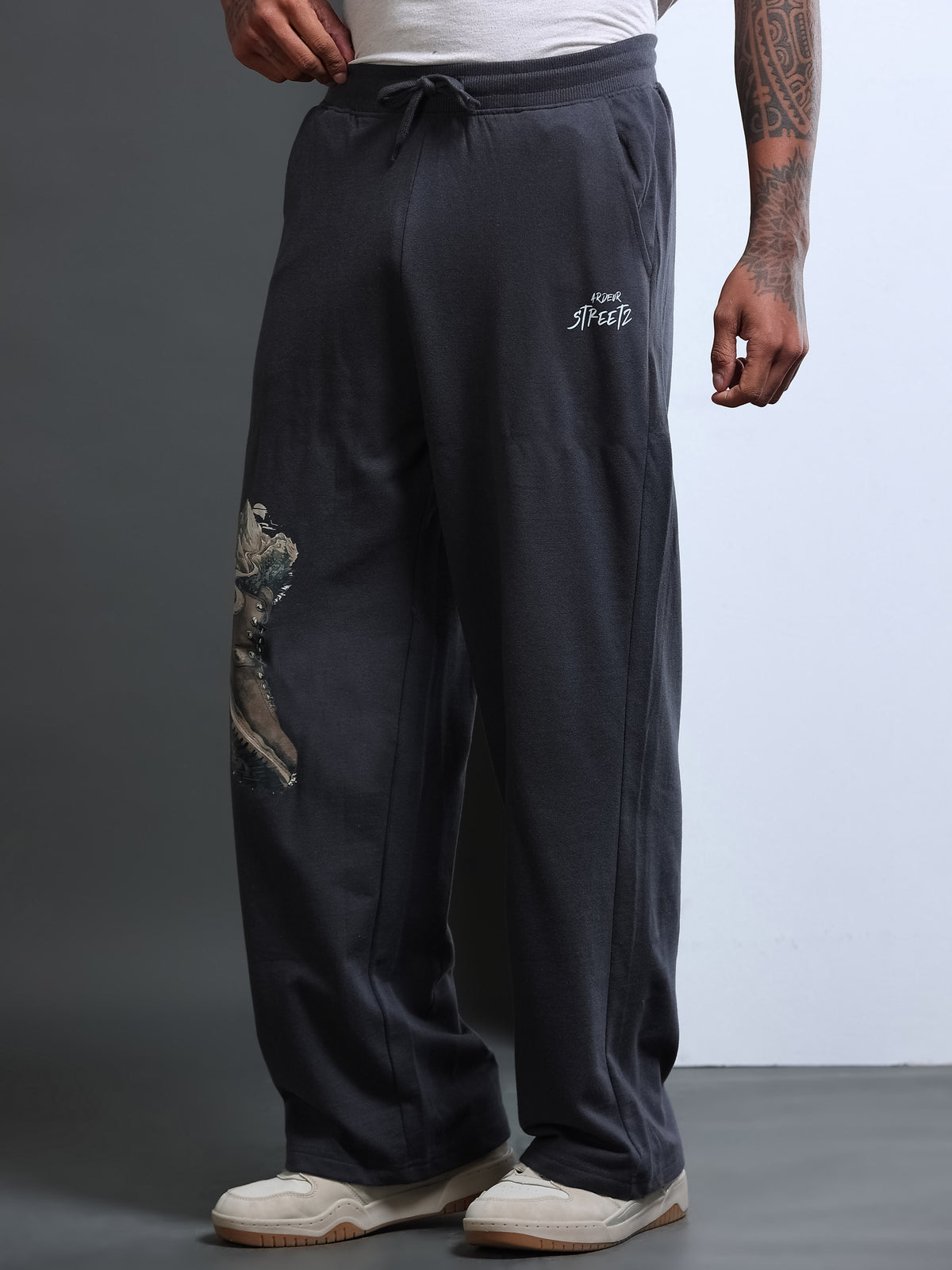 ARDEUR STREETZ Men Steel Grey Cotton Blend Mountain Trail Graphic Baggy Fit Track Pants