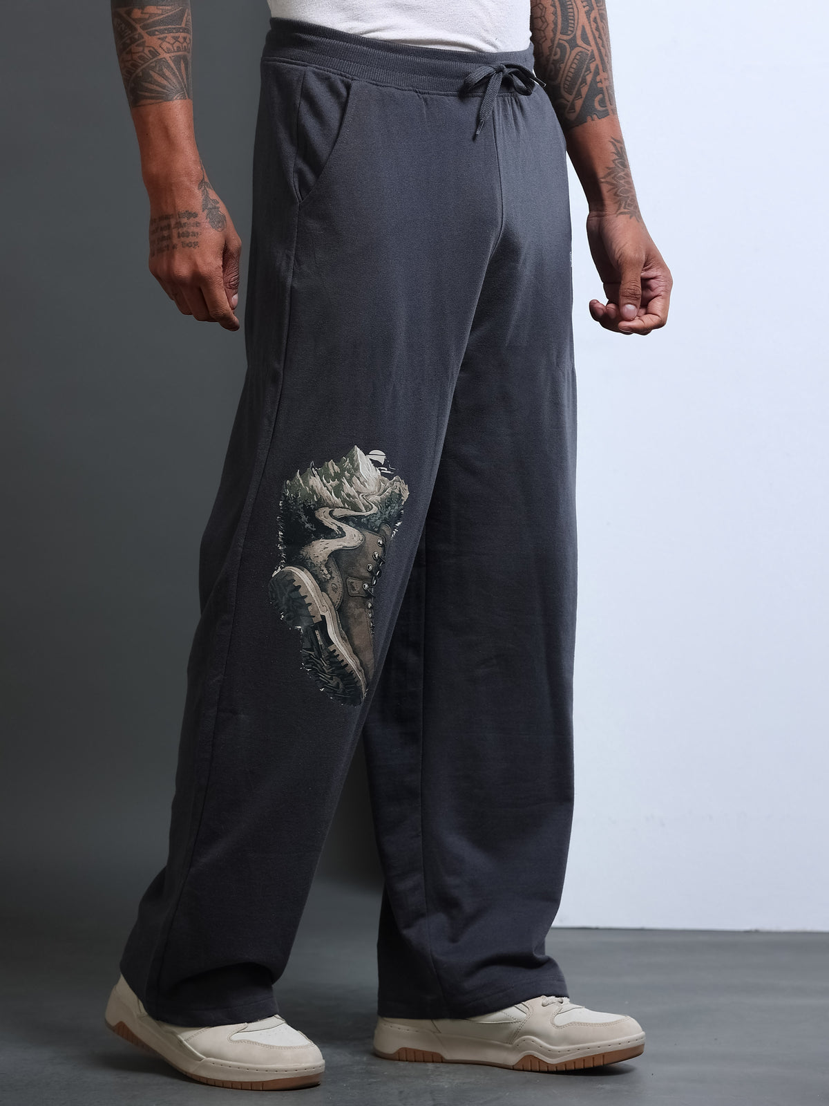ARDEUR STREETZ Men Steel Grey Cotton Blend Mountain Trail Graphic Baggy Fit Track Pants
